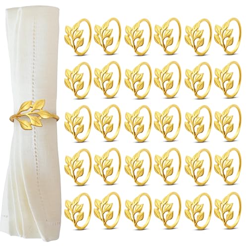 Chumix Lot de 30 Ronds de Serviette Dorés, Rond de Serviette de Table Motif Feuille - Décoration de Table Élégante pour Noël, Mariages, Dîners,...