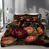 TDNEKMCA Vintage-Blumenmuster Bettwäsche 135x200cm 2teilig Rosen Pfingstrosen Bettwaren-Sets Rosa Grün Microfaser Weiche Bettbezug mit Reißverschluss und 1 Kissenbezug 80x80cm