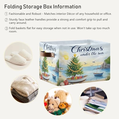 Image of Christmas Beach Time Storage Basket with Waterproof Liner and PU Handles Xmas Tree Summer Theme Storage Bins Boxes 14.2 inch Collapsible Decorative Organizer Baskets for Bedroom Closet Office 2 Pack