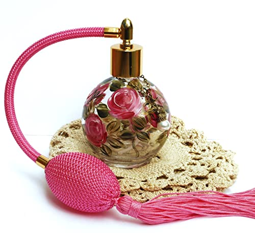 Vintage Style Atomizer Bulb Spray Glass Perfume Bottle with Long Tassel and Hand Painted Pink Roses Romantic Vanity Decor Accessories Gifts for Women Goddess Arts Collection2