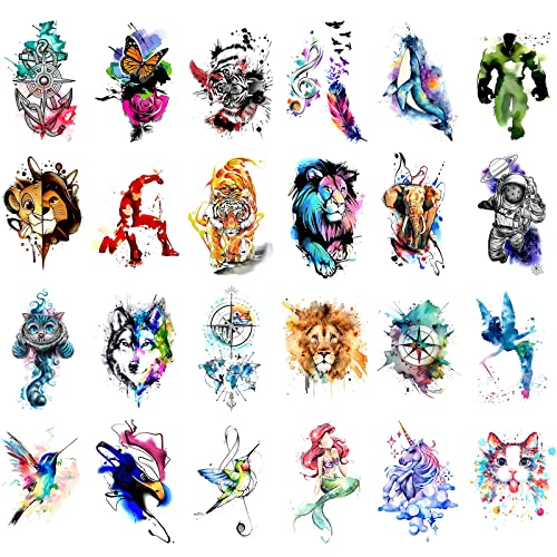 48 Watercolor Temporary Tattoos For Adult And Kids,Arm Tattoo, Body Tattoo, Watercolor Lion Wolf Mermaid Cat Tiger,Waterproof Temporary Tattoos Realistic For Women Girls And Kids, #TOP1