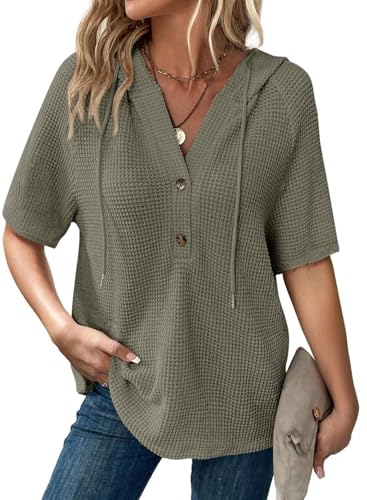 Image of Dokotoo Womens Summer Tops Waffle Knit Short Sleeve Lightweight Drawstring Hoodies Button V Neck Casual Blouses Shirts
