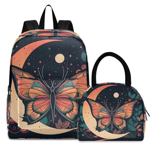 Backpack Lunch Box Set Large Capacity Travel Backpacks and Insulated Lunch Bag for Commute Hiking Picnic Boho Butterfly Moon Print