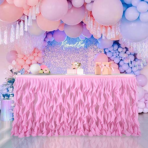 Leegleri 14Ft Pink Curly Willow Table Skirt Tulle Ruffle Table Skirt For Rectangle Table Or Round Table,Tutu Table Skirt For Baby Shower,Wedding,Birthday Party (L 14(Ft)*H 30In) #TOP6