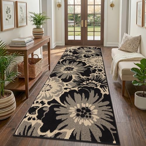 Findosom Hallway Runner Rug 3x8, Non Slip High-Low Textured Floral Washable Runner Rug with Rubber Backing, Boho Carpet Runner for Kitchen, Entryway, Bedroom, Laundry, Black & Beige