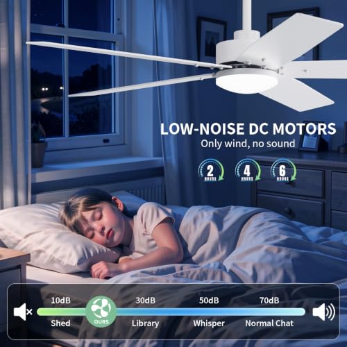 Image of 52 Inch Ceiling Fans with Lights and Remote for Bedroom Living Room Kitchen Home Office Indoor /Outdoor, 18W 3CCT Dimmable, Dual Color 5 Blades 6 Speed Reversible Quiet DC Motor, White /Wood Grain