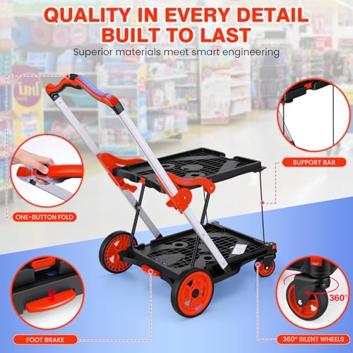 Collapsible Shopping Cart with Storage Crate, Heavy Duty 200lbs Capacity Foldable Grocery Cart on Wheels, Multi-Functional Portable Utility Cart with Swivel Wheels for Office Groceries, Red — view 6