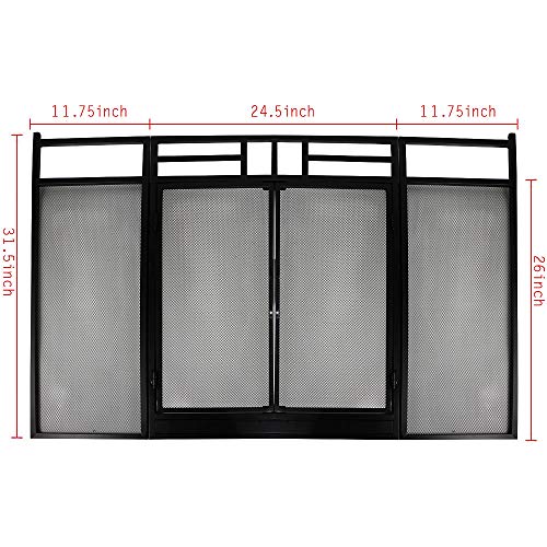 Amagabeli Fireplace Screen with Doors Large Flat Guard Fire Screens with Tools Outdoor Metal Decorative Mesh Solid Wrought Iron Fire Place Panels Wood Burning Stove Accessories Black