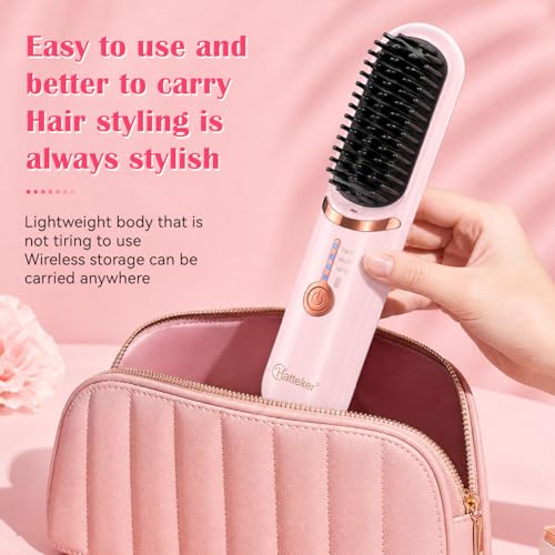 Image of Hatteker Cordless Hair Straightener Brush, Portable Hair Brush for Travel