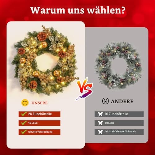 GlobaLink Weihnachtskranz 40cm, 40 LED Türkranz batteriebetrieben mit Timer – Ansicht 5