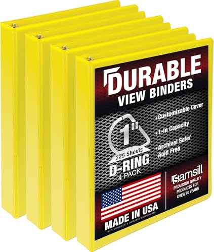 Samsill Durable 1 inch 3 Ring Binder D Ring Binder 100% Recycled Chipboard Yellow 4 Pack