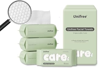 Unifree Disposable Facial Towels - Soft Absorbent Biodegradable Dry Wipes, 4-Pack 240 Count for Sensitive Skin & Cleaning