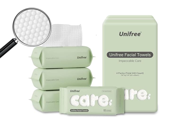 Toalhas faciais descartáveis UNIFREE, 240 unidades, 4 pacotes, 20,07 cm x 20,07 cm