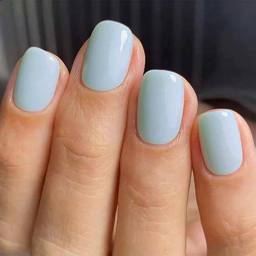 Pastel Blue Press on Nails Short Square Glossy Fake Nails Solid Color Reusable Acrylic False Nails Full Cover Stick on Nails for Women Casual Manicure Wear 24Pcs