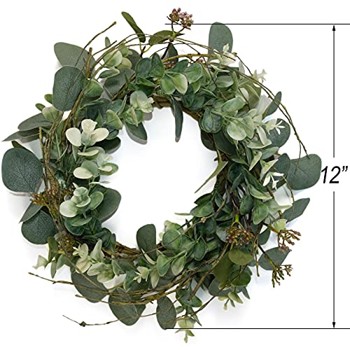 Idyllic 12 Inch Artificial Green Leaves Wreath Eucalyptus Round Wreath For Home Decoration Rustic Farmhouse Decor For Festival Celebration Front Door thumb #1