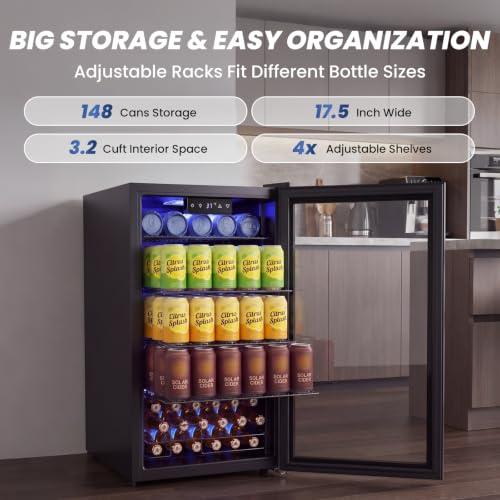Image of Velivi Beverage Refrigerator, 3.2 Cu.Ft. Mini Fridge with Glass Door