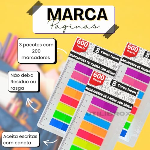 Kit 600 Folhas Marcador de Paginas, 3 Pacotes Marca Pagina com 8 cores Neon, Post-it + Régua 12cm UT