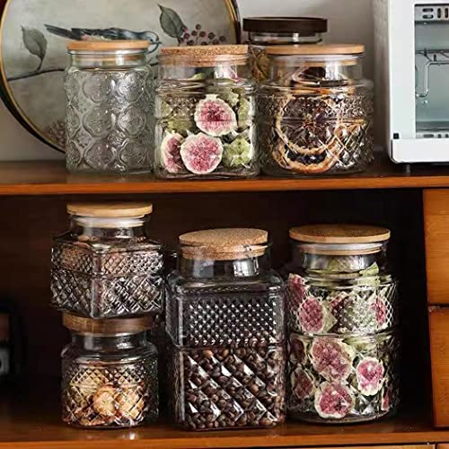 Glass Storage Jars Vintage Embossed Canisters Food Cereal Storage Containers with Bamboo Lid, Decorative Jars for Kitchen Counter,Pantry,Set 3-Piece Glass Jars in 60 oz/40 oz/20 oz (Round) - Image 5