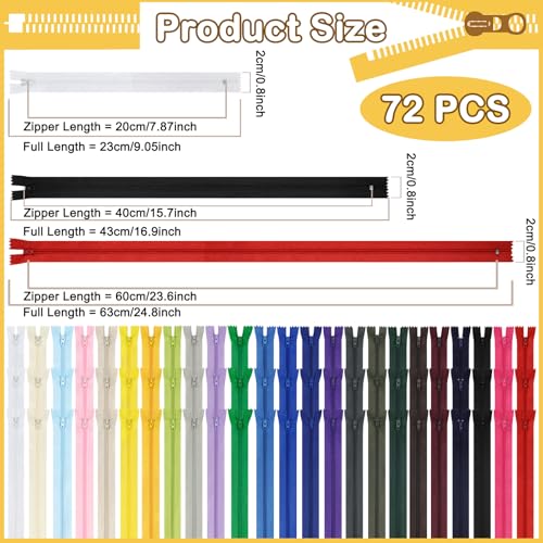 Image of Zippers, DOITEM 72 pcs Zippers for Sewing 8 Inch 16 Inch 24 Inch Multicolor Nylon Coil Zipper for Sewing and Crafts 24 Colors