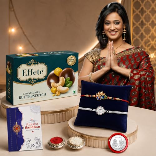 Image of DeoDap Rakhi with Chocolate for Brother - Feather Design & Silver Color Rakhi with Butter Scotch Chocolate (32gms), Silver Color Pooja Coin & Greeting Card & Tilak Set - Traditional Raksha Bandhan Combo