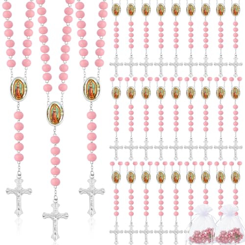 Taiyin 36 Pcs 36 Pcs Wooden Bead Rosary Necklace with Crucifix and Our Lady of Guadalupe Scented First Communion Rosary with 36 Organza Bags Baptism Favors Catholic Gift for Men Women (Pink)