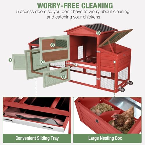 Image of Mobile Chicken Coop with Wheels for 4-6 Chickens, Large Outdoor Hen House with Run, Weatherproof Roof, Sectionable Nesting Box, Pull-Out Tray, 83.3 inch L x 26 inch W x 42 inch H - Red