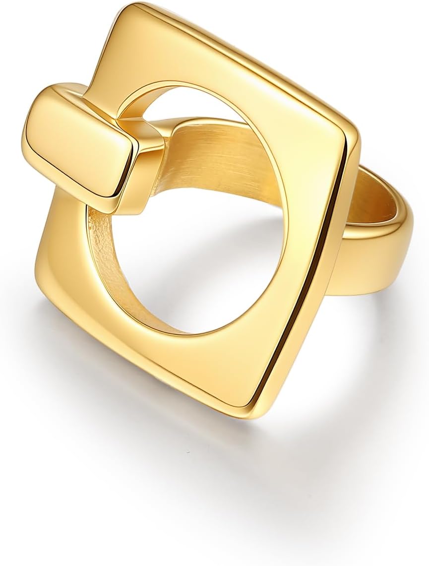 18K Gold plated Statement Ring for Women Stainless Steel Gold Tone Hollow Square Rings Fashion Jewelry
