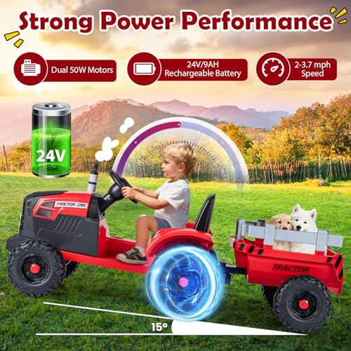 Image of Costzon 24V Ride on Tractor with Detachable Trailer, Kids' Electric Vehicles with 3 Speeds, 15 Climbing, Wireless Design, Horn & Music, Remote Control Tractor Toy for Kids 3+,Gift (24V, Red)