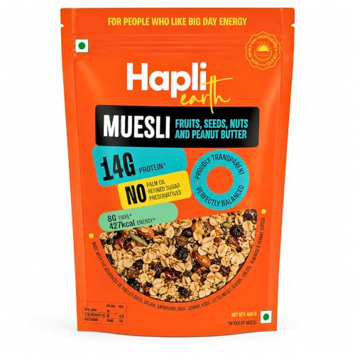 Image of Hapli Earth 6 Millet Muesli | Fruits, Seeds, Nuts & Peanut Butter | 14g Protein, High Fibre | Healthy Breakfast Cereal with Rolled Oats, 3 Seeds & Peanut Butter | No Palm Oil, No Preservatives | 400g