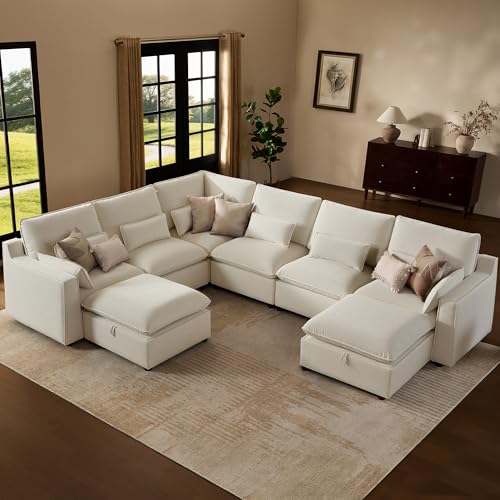Image of WorthFurni Modern Modular Sectional Sofa,137 inch V Shape Sectional Cloud Couch with Storage Ottoman,Comfty 8 Seat Sofa for Living Room,Beige Chenille