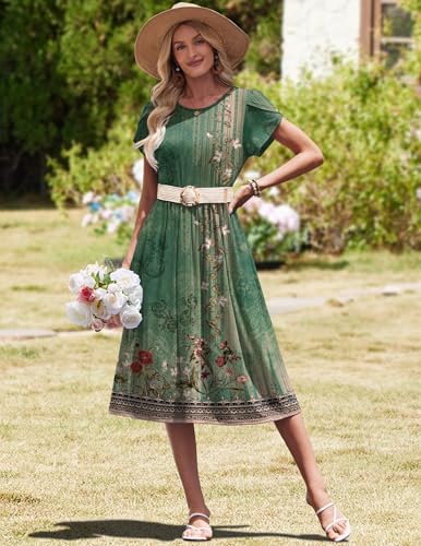 Image of HOTOUCH Women's Summer A-Line Midi Dresses 2026 Casual Floral Short Sleeve T-Shirt Dress Flowy Beach Sundress with Pockets