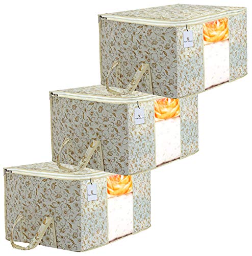 Image of Kuber Industries Non-Woven Rectangular Metallic Printed Non Woven Underbed Storage Bag|Large Storage Organiser|Blanket Cover With Transparent Window|Size 65 X 47 X 34 Cm (Extra Large, Cream)