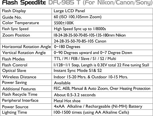 Digitek Speedlite DFL985C Specifications Table