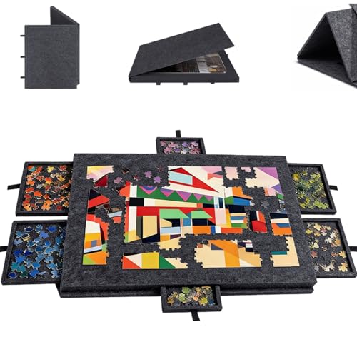 Table à puzzle basculante, 1000 pièces, pliable, avec 6 tiroirs, planche à puzzle 2 en 1, support et couvercle, en feutre super léger, pour puzzles jusqu'à 1000 (noir)