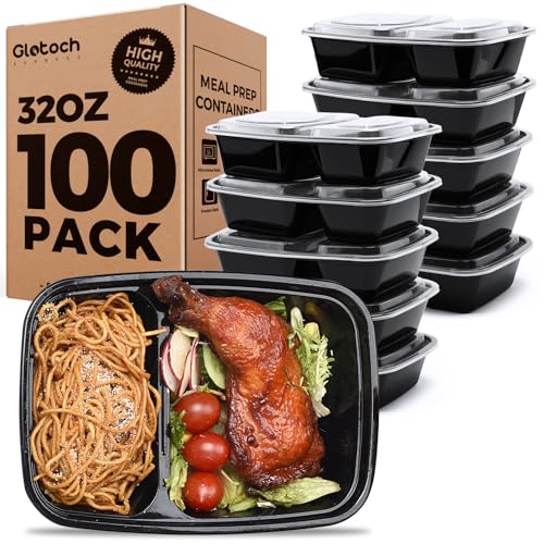 Image of 100 Pack (200-Piece)32 oz Meal Prep Containers,2-Compartment Reusable Food Storage Containers with Lids,Microwave Freezer Dishwasher Safe,Sturdy Leakproof&BPA Free Bento Box for To Go Take Out
