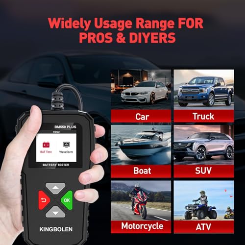 KINGBOLEN BM550 PLUS AUTO Tester akumulatorów 6V 12V 24V z wyświetlaczem LED, 100-2000 CCA 2-200Ah Samochodowy tester alternatorów Cyfrowy analizator akumulatorów do samochodu/ciężarówki/motocykla/ATV