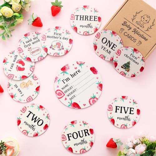 13PCS Strawberry Wooden Monthly Photo Cards, Fruit Newborn Gift for Girls and Boys, Hello World Newborn Photo Booth Props for Strawberry Baby Shower Pregnancy Announcement Party Decorations