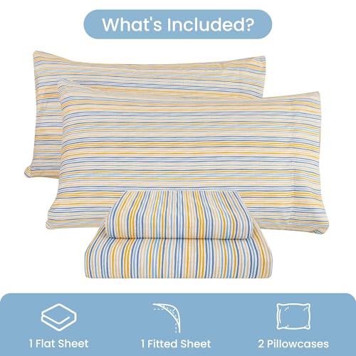 Image of Mooreeke Striped Full Bed Sheets, Deep Pocket 4 Piece Full Sheet Set, Soft Microfiber Blue Yellow Pinstripe Bedding Sheets & Pillowcases