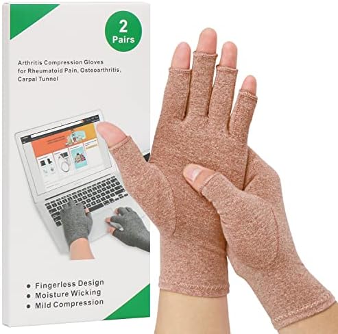 2-Pair Arthritis Compression Gloves for Alleviate Rheumatoid Osteoarthritis, Carpal Tunnel Raynauds Disease, Ease Muscle Tensi on Fingerless, Breathable & Moisture, Women and Men (Coffee, Medium)