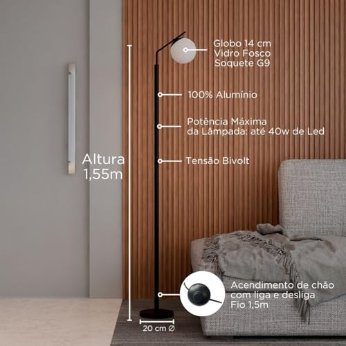 Luminária De Chão Aluminio Com Vidro Globo Fosco Com Lâmpada 3000K Branco Quente Bivolt (Preto)