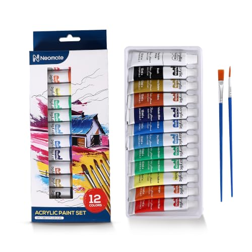 Image of Neomate Acrylic Paint Set - 12 Premium Acrylic Paint Tubes with 2 Brushes - Vibrant, Non-Toxic Pigments for Canvas, Glass, Plastic, Rocks, Arts and Crafts