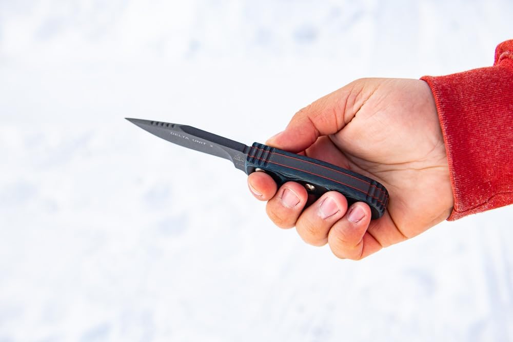 Tops Knives Delta Unit 3 Full Tang Fixed Blade - Tactical Blade Finish- Black Kydex Sheath w/Rotating Spring Steel Clip (Blue/Black G10 Handle)
