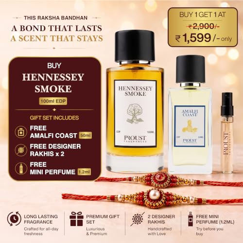 Image of PROUSTFRAGRANCES Hennessey Smoke 100ml Raksha Bandhan Fragrance Gift Set | Amalfi Coast EDP 50ml, 2 Rakhis & 1 Fragrance Tester included | Premium festive combo with smoky leather & fresh notes