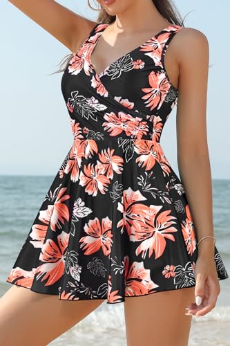 Image of SHEKINI One Piece V Neck Skirt for Women Modest Tummy Control Swimdress Bathing Suits Swimsuit