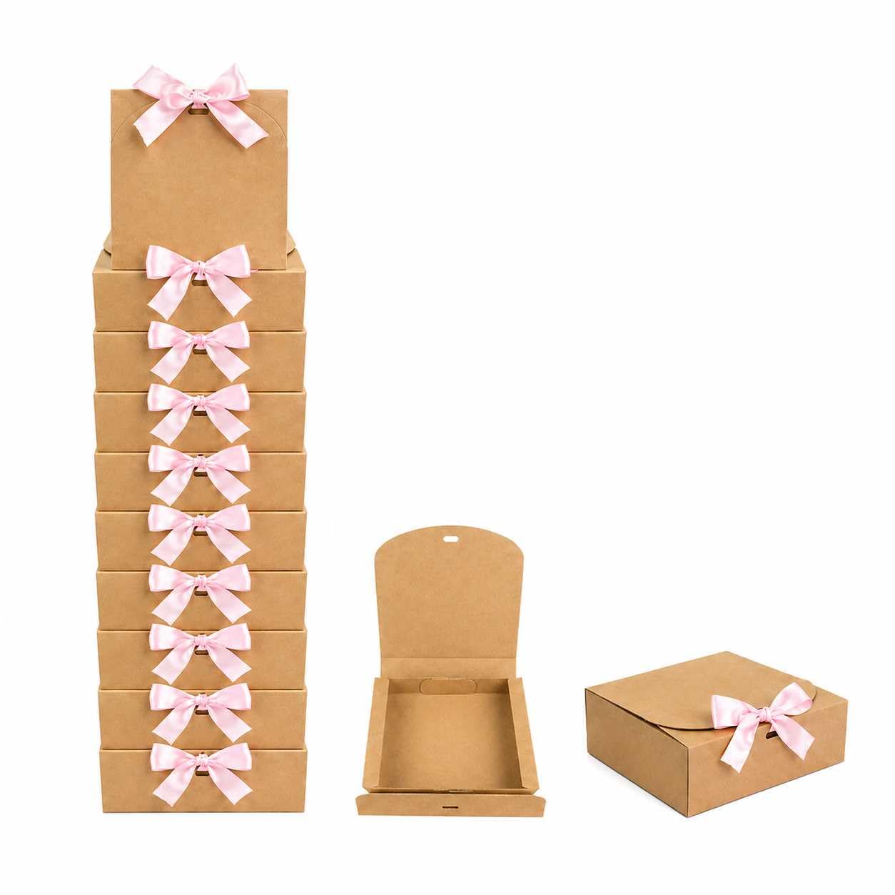 Emartbuy Brown Kraft Gift Box with Baby Pink Ribbon – 24 x 24 x 5 cm – Fits Chocolates, Scarves & Stationery Sets – Birthdays Weddings Christmas Corporate Gifting Trade Wholesale – Pack of 12