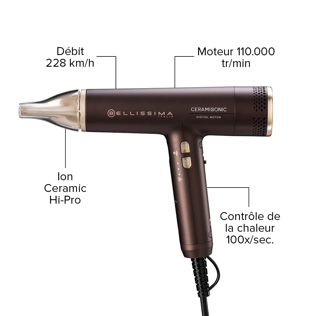 Bellissima – Sèche Cheveux Numérique CERAMISONIC 21014 – Moteur Haute Vitesse – Flux Air 228 Km/H – Ion Ceramic Anti Frisottis – Accessoire Cheveux Léger Silencieux – Diffuseur Embout Précision
