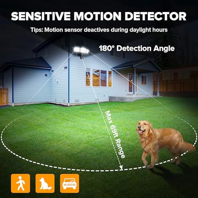 UME 49W LED Security Lights Motion Sensor Light 5000K Daylight 3 Head Flood Light Black