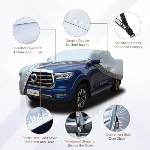 Image of Tecoom Hard Shell Truck Car Cover Waterproof UV-Proof Windproof Zipper Design with Straps Buckle Fit for Ford F150 Ram 1500 Chevy Silverado Toyota Tundra GMC Sierra Full Size Truck Length Up to 245 inch