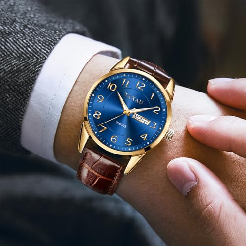 Taxau Watches for Men Blue Face Mens Dress Watches with Day Date Waterproof Watch Brown Leather Band Analog Wrist Watch for Man Large Number Big Face Gold-Blue reloj de Hombre — view 4