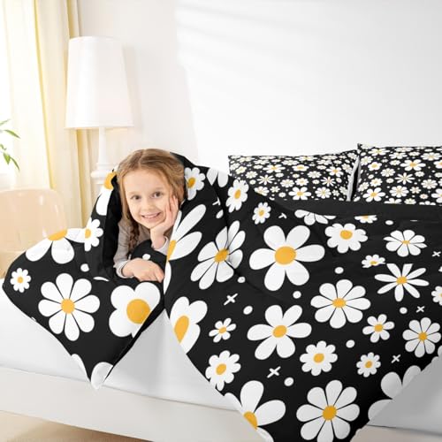 Image of Daisy Flower Bedding Set for Kids Boys Girls Groovy Floral Comforter Set Twin Size Retro Floral Boho Duvet Quilt Bedroom Decor Breathable Soft Lightweight Microfiber Black White 2Pcs